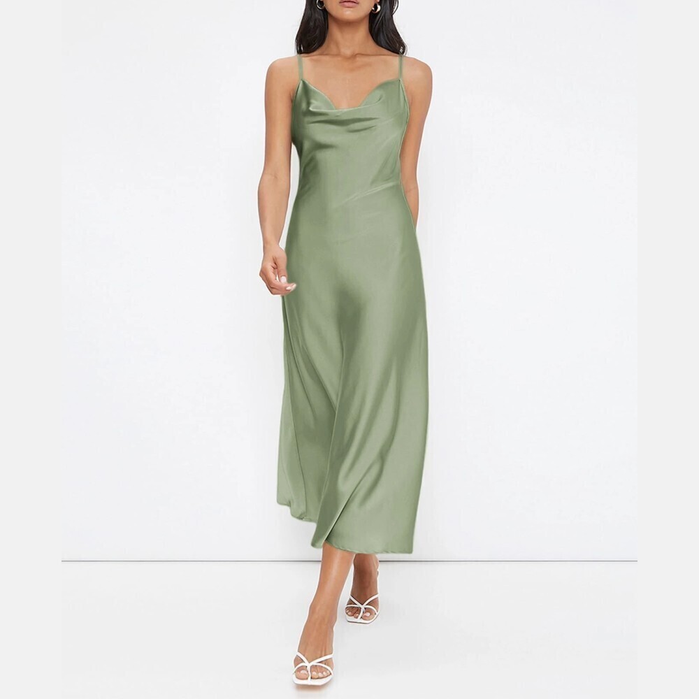 Sage Green Satin Cowl Neck Slip Midi Dress